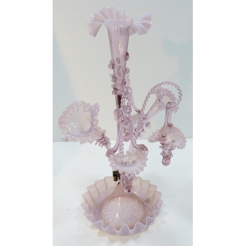 260 - Victorian pale pink opaline glass six-branch epergne of large form, the graduated trumpet-shaped epe... 