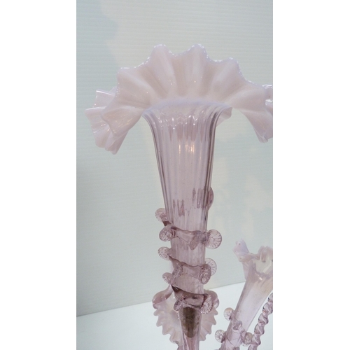 260 - Victorian pale pink opaline glass six-branch epergne of large form, the graduated trumpet-shaped epe... 