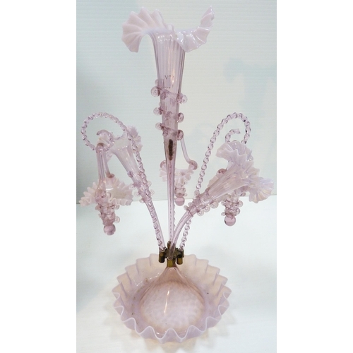 260 - Victorian pale pink opaline glass six-branch epergne of large form, the graduated trumpet-shaped epe... 