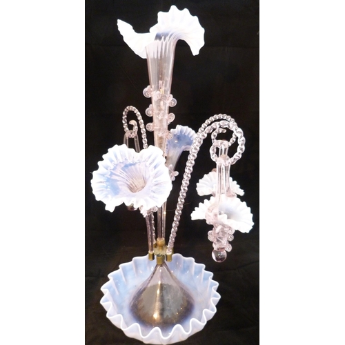 260 - Victorian pale pink opaline glass six-branch epergne of large form, the graduated trumpet-shaped epe... 