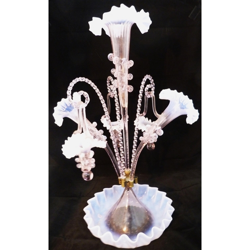 260 - Victorian pale pink opaline glass six-branch epergne of large form, the graduated trumpet-shaped epe... 