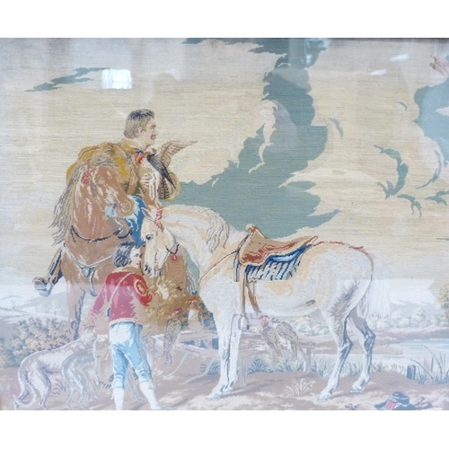 312 - Victorian needlepoint tapestry panel depicting a Baron on horseback and a boy with a horse, glazed i... 