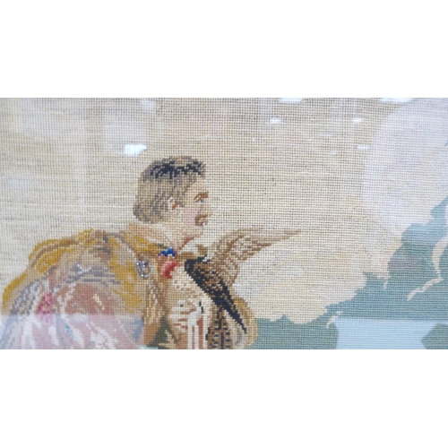 312 - Victorian needlepoint tapestry panel depicting a Baron on horseback and a boy with a horse, glazed i... 