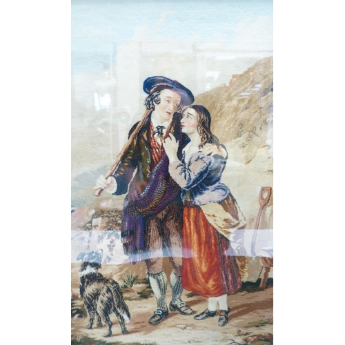 313 - Victorian woolwork panel depicting a couple with a dog after the oil painting by Thomas Brooks, 'The... 