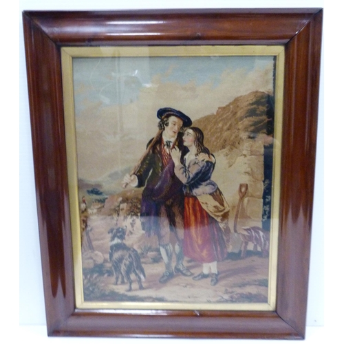 313 - Victorian woolwork panel depicting a couple with a dog after the oil painting by Thomas Brooks, 'The... 