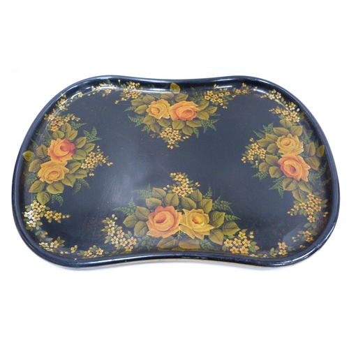 211 - Victorian papier mâché drinks tray of curved shape, hand-painted with panels of roses a... 