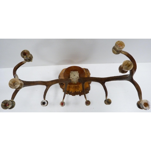 310 - Taxidermy Interest: Pair of five-point antlers with skull on a wall plinth, each point has a later h... 