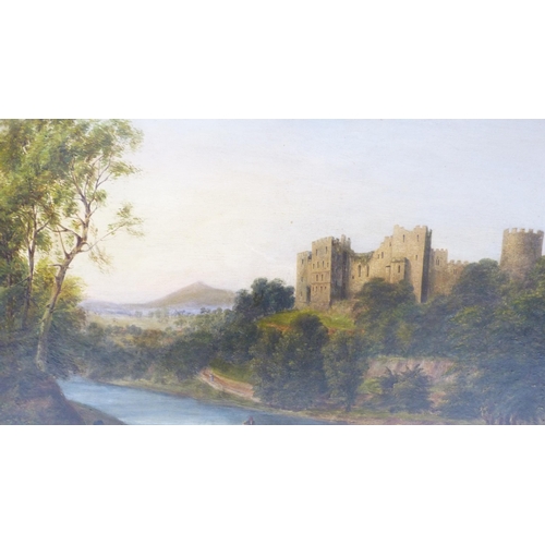 352 - 19th Century English SchoolLudlow Castle with figures in a boat on the river Teme to the foregroundU... 