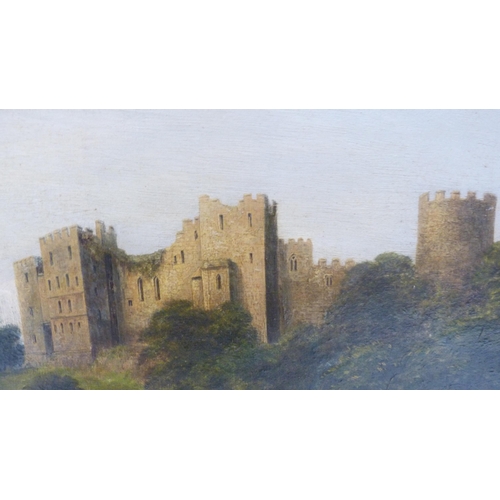 352 - 19th Century English SchoolLudlow Castle with figures in a boat on the river Teme to the foregroundU... 