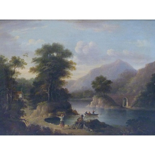 353 - 19th Century British SchoolRural landscape with figures, river and abbey to the foreground and rolli... 