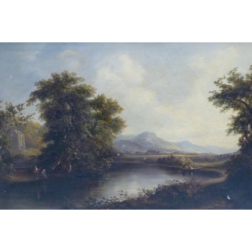 353 - 19th Century British SchoolRural landscape with figures, river and abbey to the foreground and rolli... 