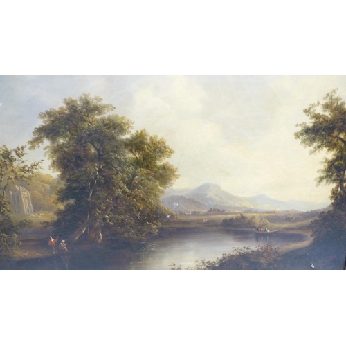 353 - 19th Century British SchoolRural landscape with figures, river and abbey to the foreground and rolli... 