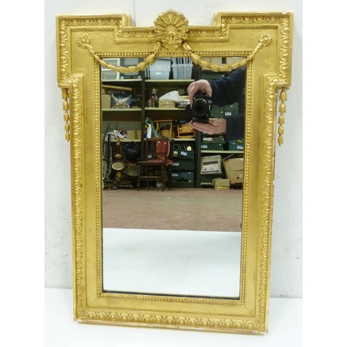 397 - French-style giltwood pier mirror with shell patera surmount, flanked by floral wreath mounts, plate... 