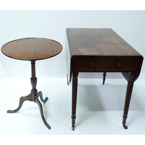 417 - 19th century mahogany Pembroke table with drawer to one end and opposing faux drawer, on reeded supp... 