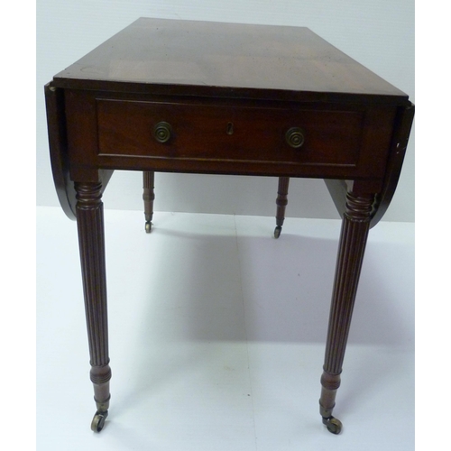 417 - 19th century mahogany Pembroke table with drawer to one end and opposing faux drawer, on reeded supp... 