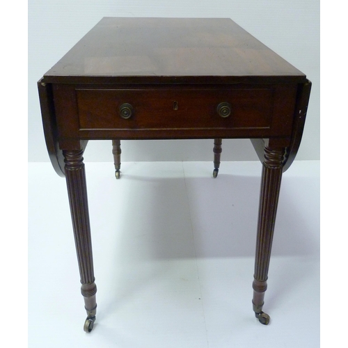 417 - 19th century mahogany Pembroke table with drawer to one end and opposing faux drawer, on reeded supp... 