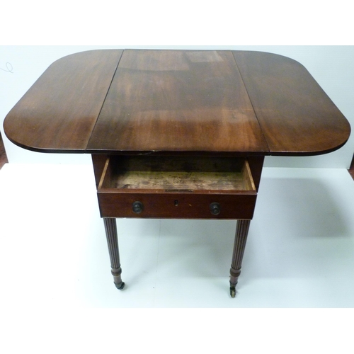 417 - 19th century mahogany Pembroke table with drawer to one end and opposing faux drawer, on reeded supp... 