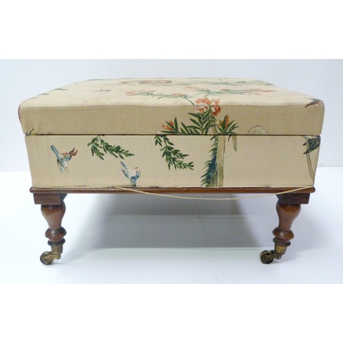 418 - Victorian mahogany stool upholstered in Chinese-themed damask, with hinged top, on turned feet, bras... 