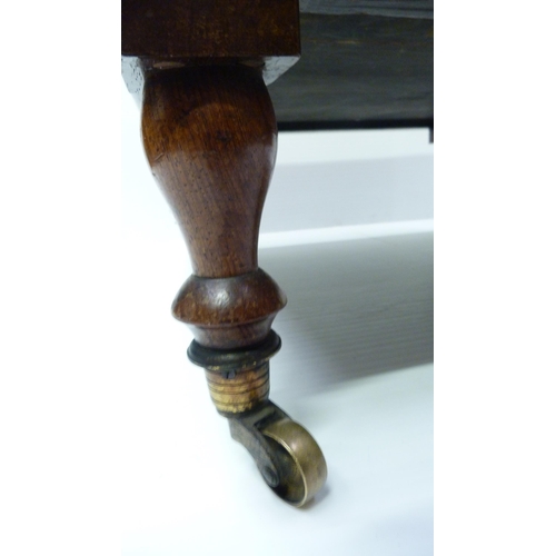 418 - Victorian mahogany stool upholstered in Chinese-themed damask, with hinged top, on turned feet, bras... 