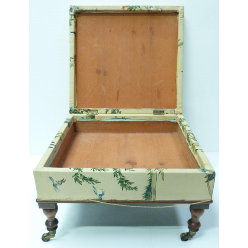 418 - Victorian mahogany stool upholstered in Chinese-themed damask, with hinged top, on turned feet, bras... 