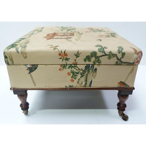 418 - Victorian mahogany stool upholstered in Chinese-themed damask, with hinged top, on turned feet, bras... 