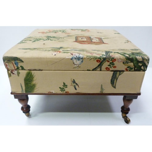 418 - Victorian mahogany stool upholstered in Chinese-themed damask, with hinged top, on turned feet, bras... 