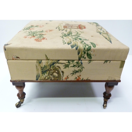 418 - Victorian mahogany stool upholstered in Chinese-themed damask, with hinged top, on turned feet, bras... 