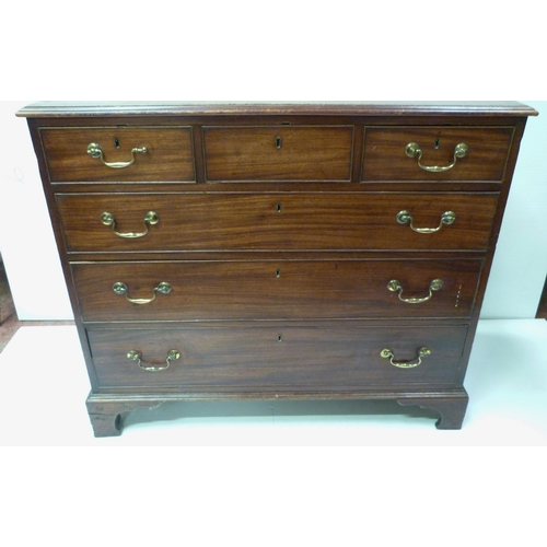 419 - George III mahogany chest of three short and three long graduated drawers, on bracket feet, 94cm hig... 