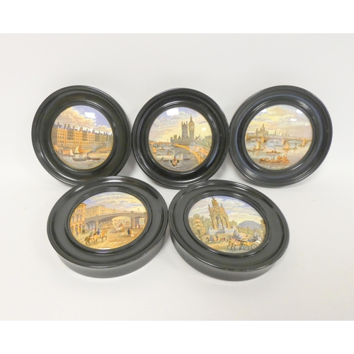 167 - Five Victorian Pratt pot lids, depicting various scenes to include Thames Embankment, New St Thomas ... 