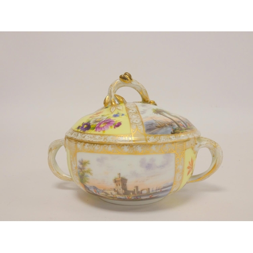 170 - Meissen style porcelain ecueille with cover, the bowl with vignettes depicting river scenes with fig... 