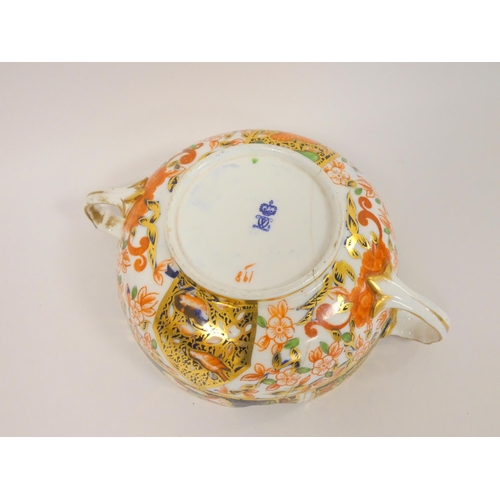 172 - Derby porcelain twin handled imari jar with cover, circa early 19th century, 19cm diameter, with gro... 