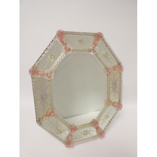 324 - Venetian octagonal dressing mirror, decorated with pink glass roundels and rope twist beading, on pa... 