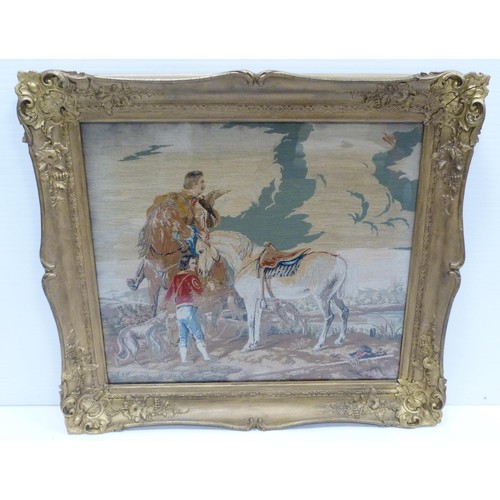 312 - Victorian needlepoint tapestry panel depicting a Baron on horseback and a boy with a horse, glazed i... 