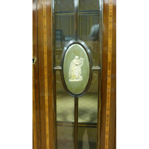 415 - Edwardian inlaid mahogany display cabinet with two astragal glazed doors inset with a classical-them... 