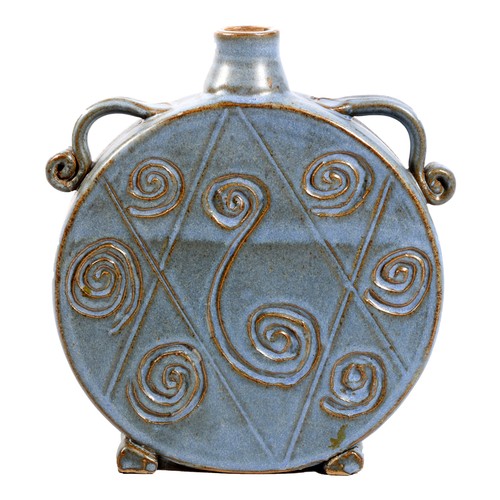 Blue glazed studio pottery lamp base in the form of a moon flask, H23cm.