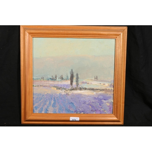 373 - 20TH CENTURY SCHOOL, purple fields, oil painting on board, indistinctly signed lower right, 30cm x 3... 