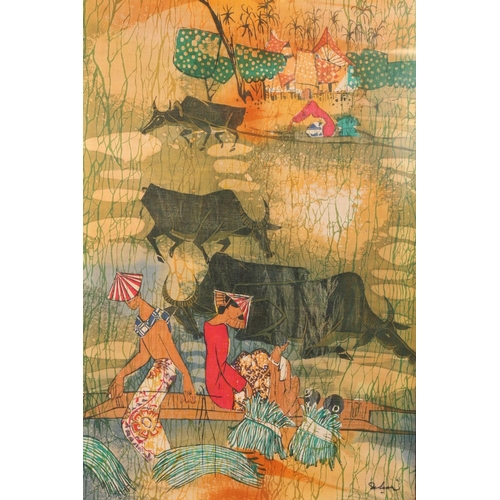 399 - 1970s batik printed panel from Penang, Northern Malaysia, signed lower right, 71cm x 44cm, frame 75c... 