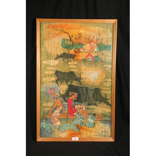 399 - 1970s batik printed panel from Penang, Northern Malaysia, signed lower right, 71cm x 44cm, frame 75c... 