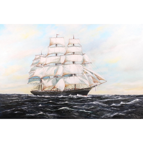 400A - K SHAW, triple masted sailing ship, oil on canvas, signed lower right, 60cm x 91cm, unframed.