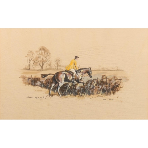 407 - BABS SMITH, For Pan, horse and huntsman jumping fence, gouache, signed lower left, 16cm x 25cm, fram... 