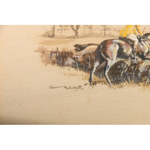 407 - BABS SMITH, For Pan, horse and huntsman jumping fence, gouache, signed lower left, 16cm x 25cm, fram... 