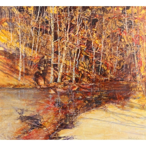 418 - JOHN BATHGATE, Autumn Burn, mixed media, signed lower right, 45cm x 49cm, frame 73cm x 76cm.