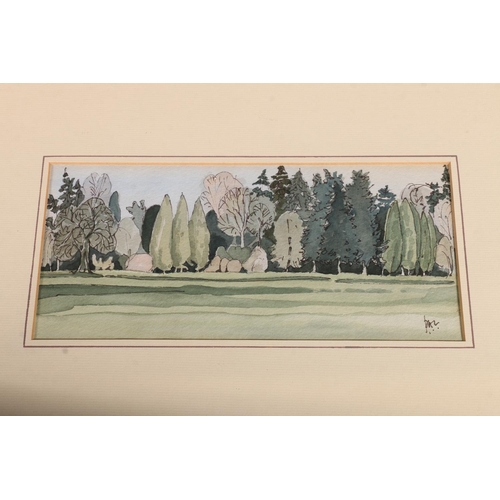 424 - PAUL LYNN, Arboretum, watercolour on Wookey Hole Paper, 11cm x 24cm, frame 32cm x 44cm, and two othe... 