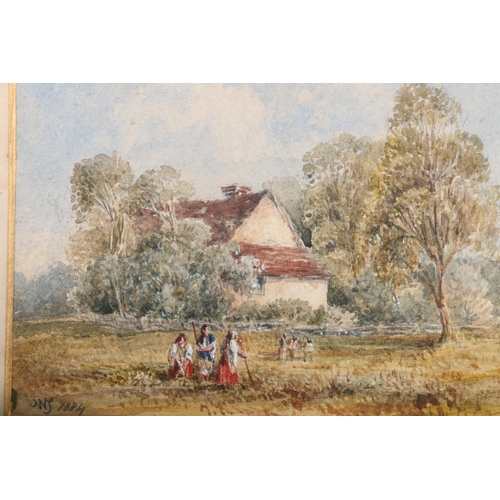 428 - 19TH CENTURY SCHOOL, figures before a house, watercolour, signed with initials 'WJ' and dated 1884, ... 