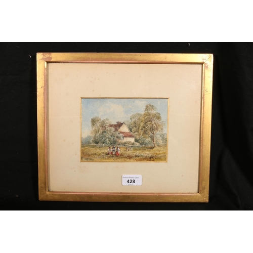 428 - 19TH CENTURY SCHOOL, figures before a house, watercolour, signed with initials 'WJ' and dated 1884, ... 