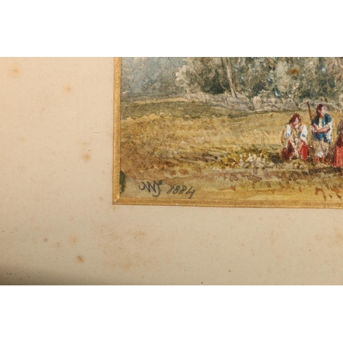 428 - 19TH CENTURY SCHOOL, figures before a house, watercolour, signed with initials 'WJ' and dated 1884, ... 