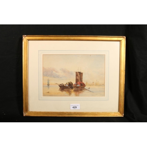 429 - 19TH CENTURY SCHOOL, barges trawling nets, watercolour, unsigned, 16cm x 24cm, frame 32cm x 40cm.