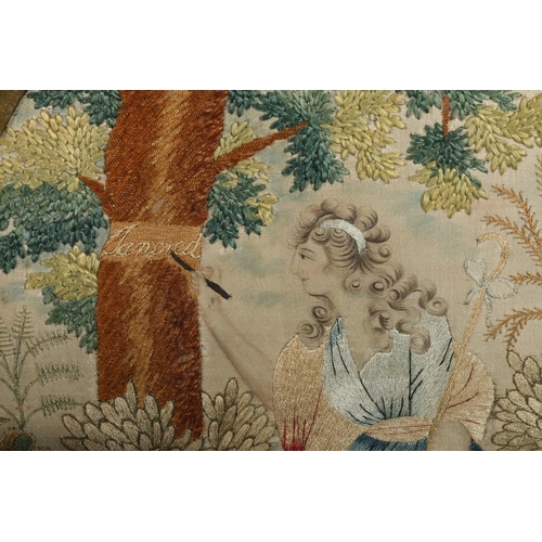 450 - Georgian style silkwork embroidery picture of a female shepherd (shepherdess) inscribing name into a... 