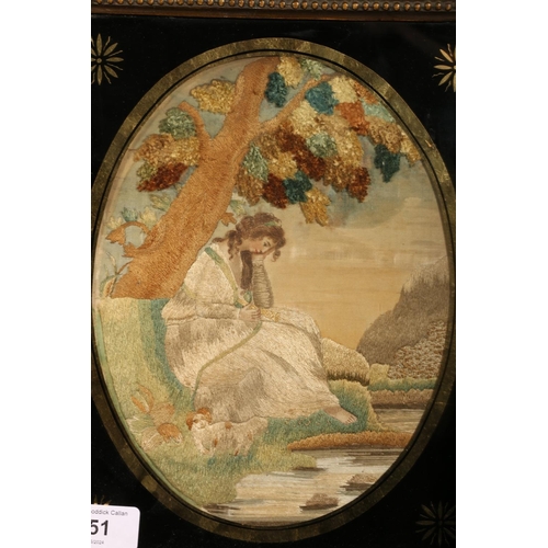 451 - Georgian style silkwork embroidery picture of woman reading by a river, a dog at her feet, oval 22cm... 