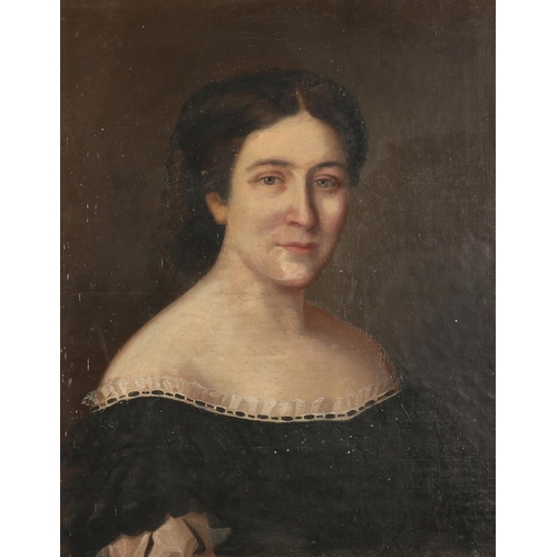 453 - 19TH CENTURY SCHOOL, bust length portrait of a lady in black dress, oil painting on canvas, 50cm x 4... 